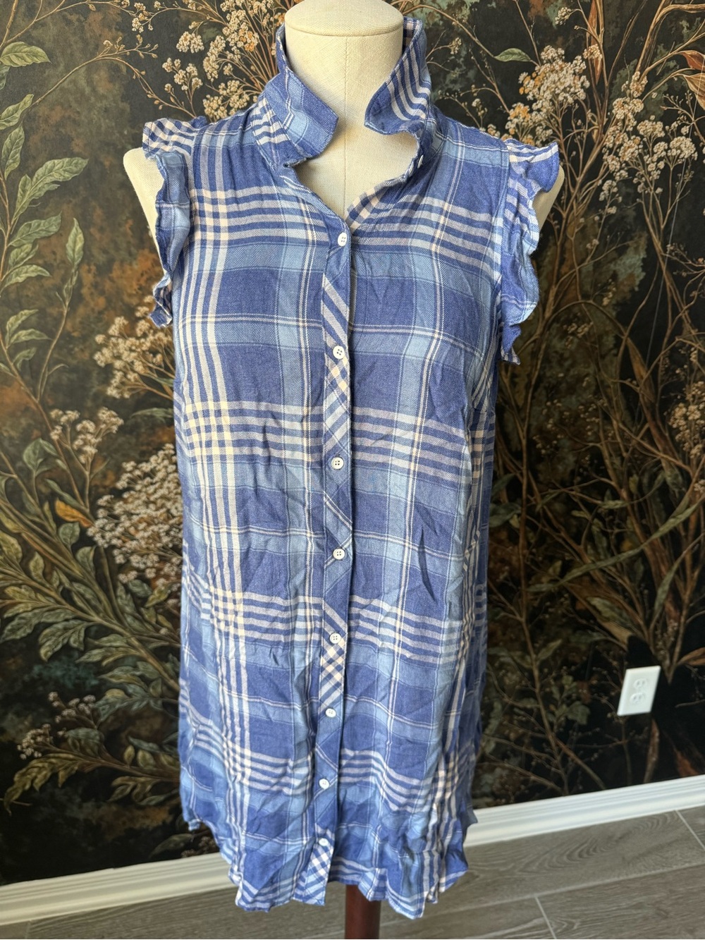 Bella Dahl Blue Plaid Ruffled Sleeveless Button Tunic